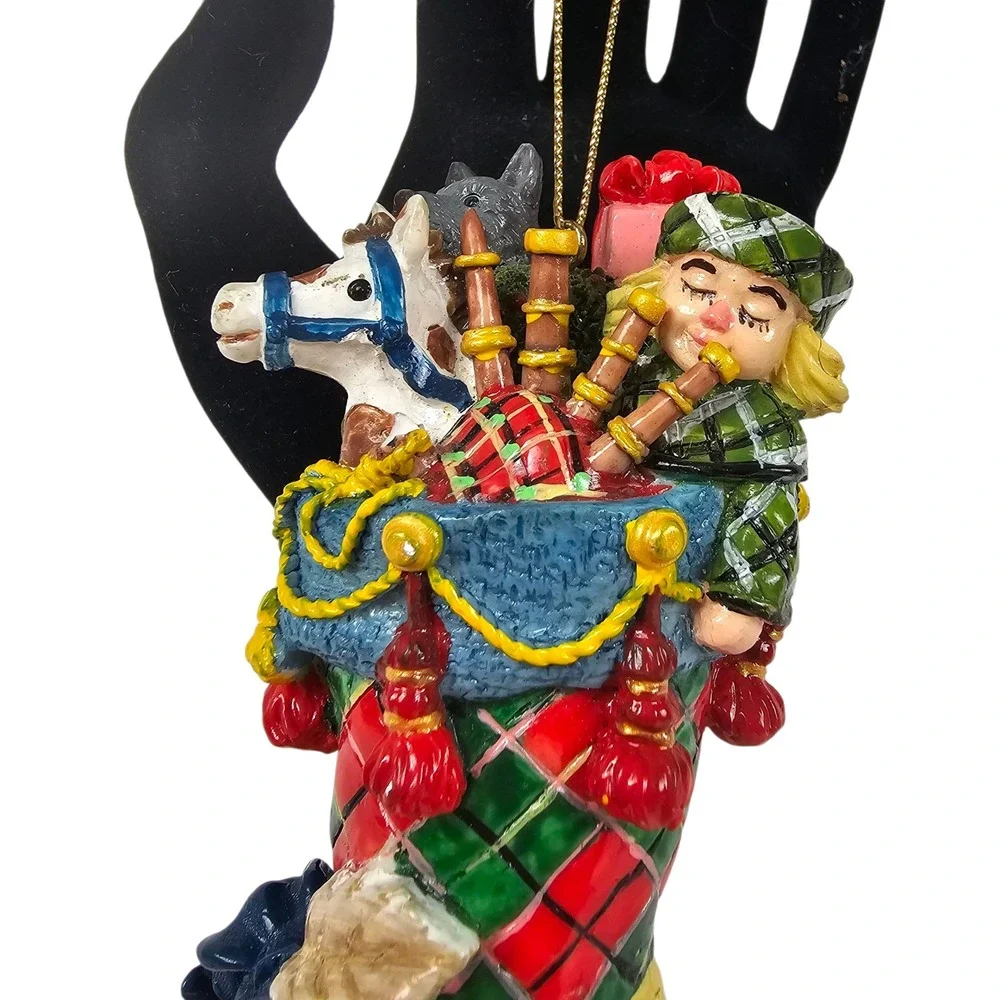 Resin Scottish‎ Stocking Ornament Boy Bagpipes Horse Christmas Decoration